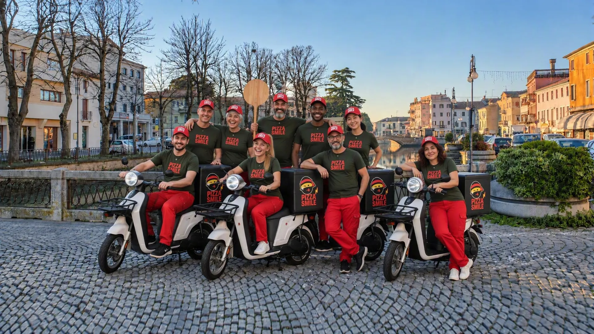 Il canale di Adria fa da sfondo al team di Pizza Smile in divisa con scooter e pala.