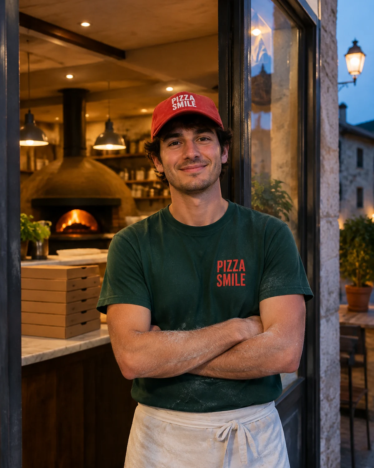 Un giovane pizzaiolo sulla porta di una piccola pizzeria di paese, la sera.