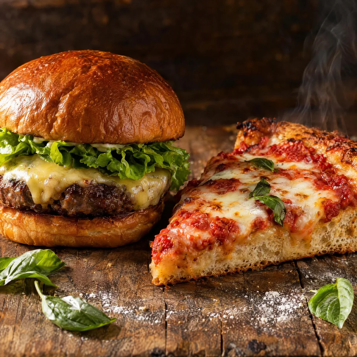 Un burger artigianale e un trancio di pizza in teglia su un tavolo di legno.