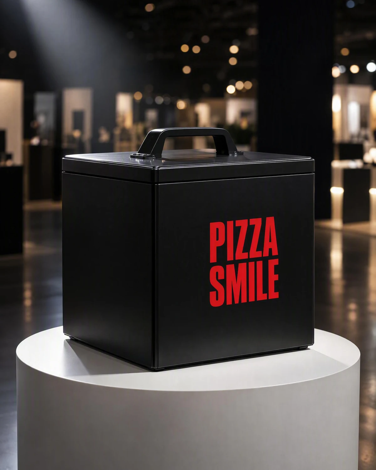 Il bauletto di Pizza Smile esposto su un piedistallo come un prodotto di alta tecnologia.