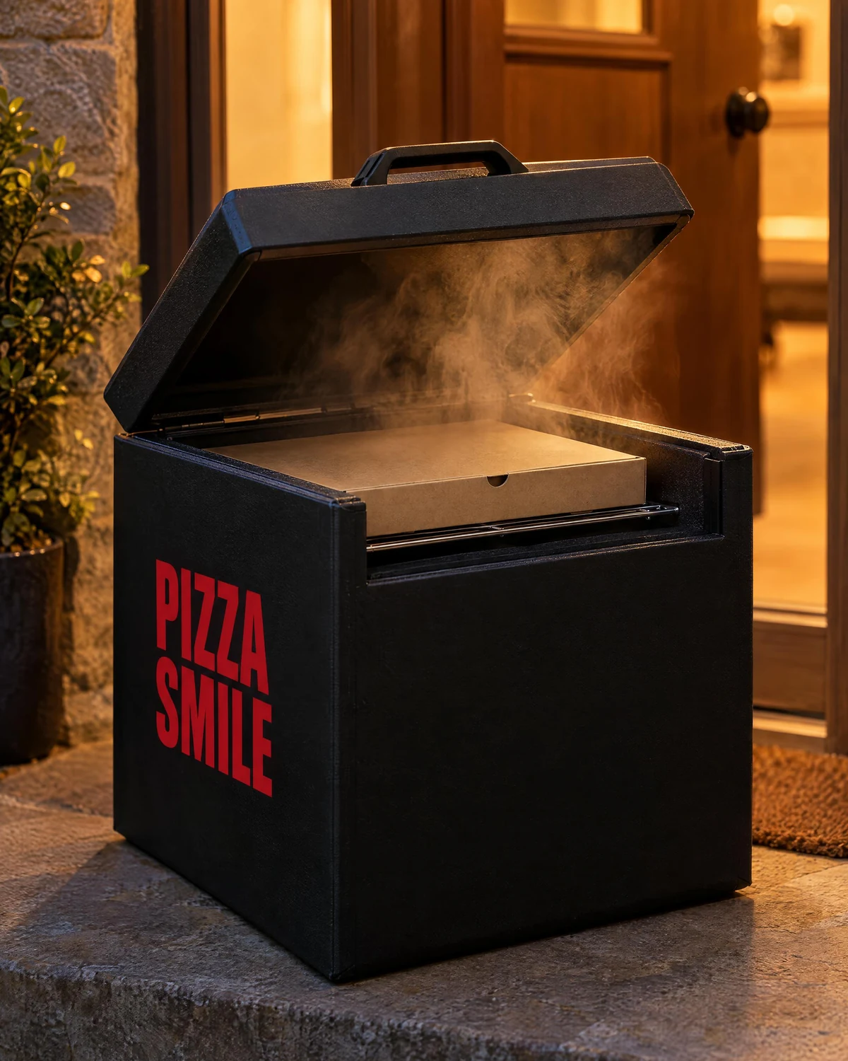 Il bauletto nero di Pizza Smile appena aperto sullo zerbino: dal forno mobile esce il vapore.
