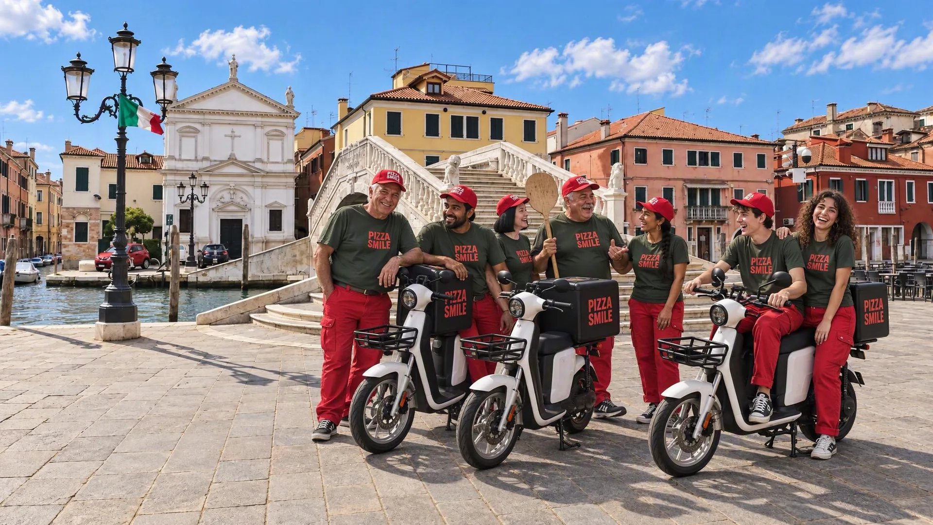 Il ponte di pietra di Chioggia con case colorate, il team Pizza Smile e gli scooter.