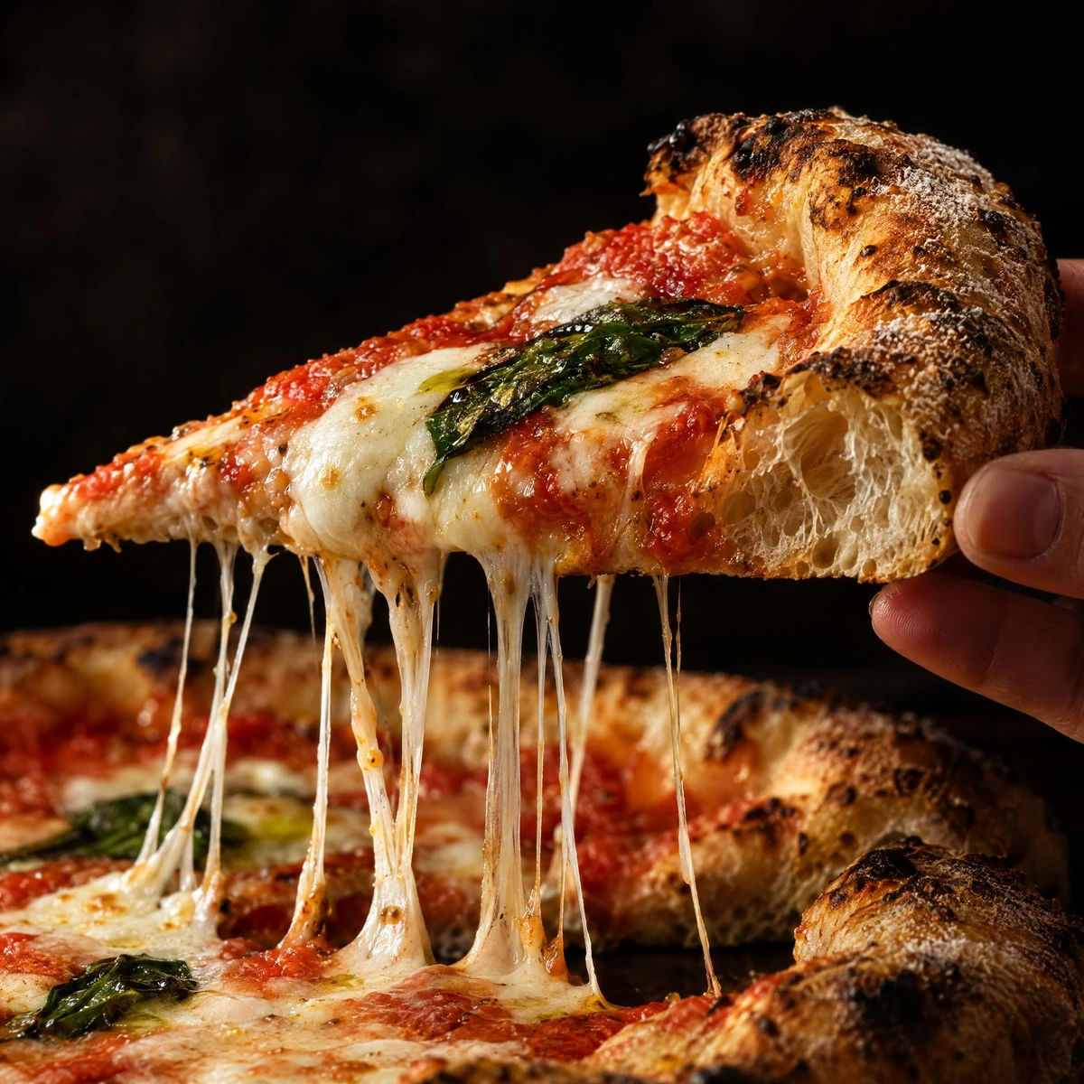 Dettaglio ravvicinato di una fetta di pizza con cornicione croccante e mozzarella filante.