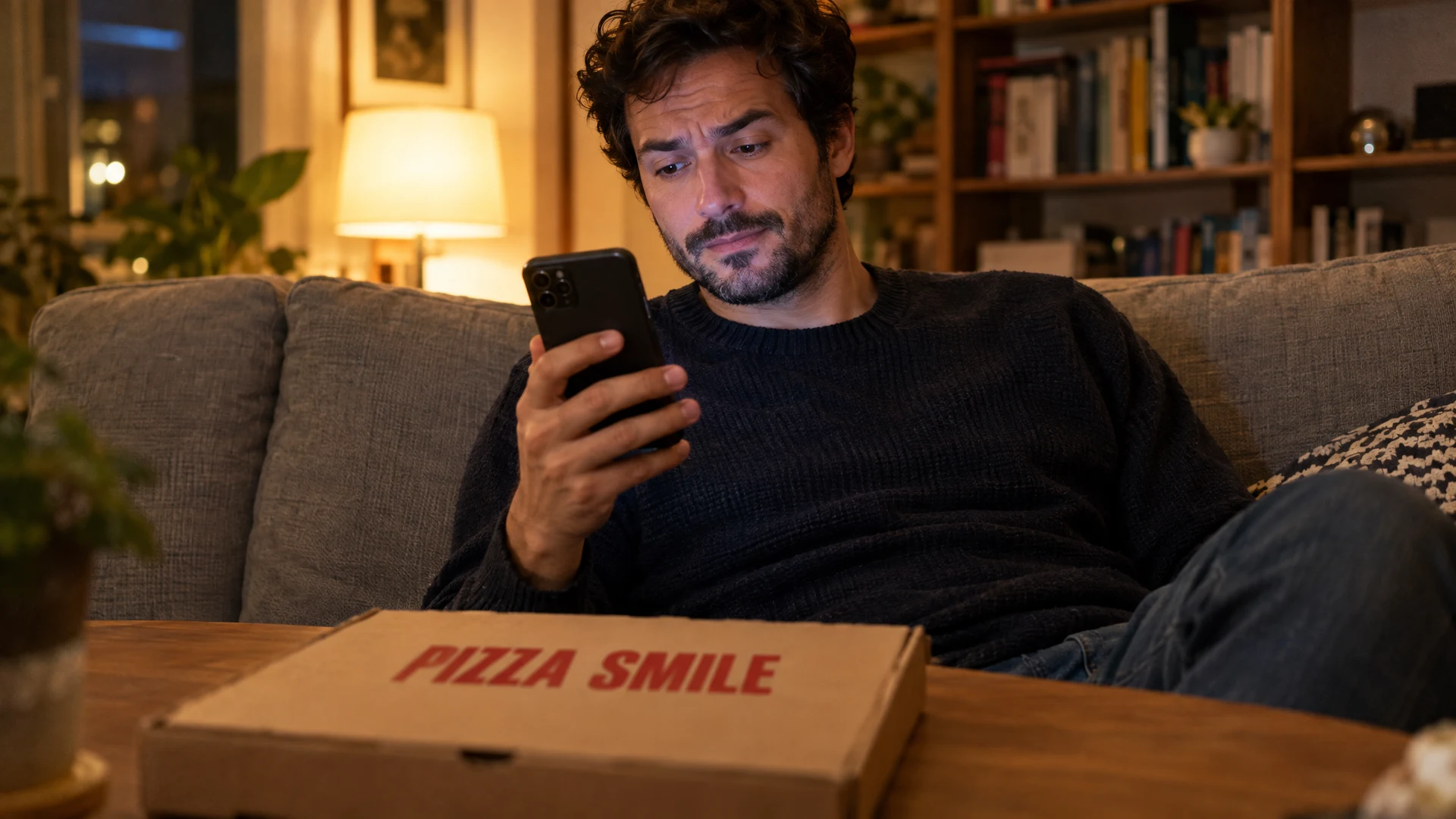Una persona sul divano guarda dubbiosa il telefono in mano, come se avesse una domanda prima di ordinare.