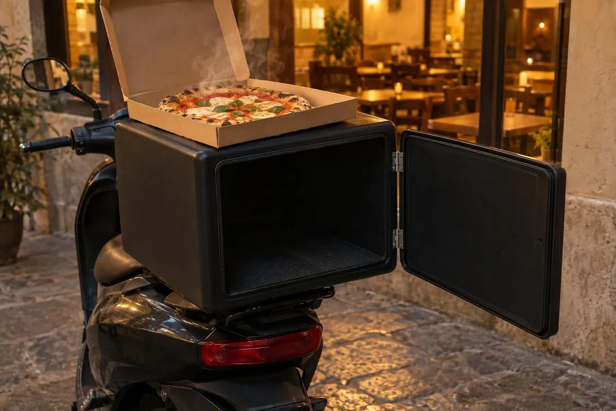 Margherita fumante nel cartone aperto sopra il bauletto termico di uno scooter, sportello aperto, di sera davanti alla pizzeria