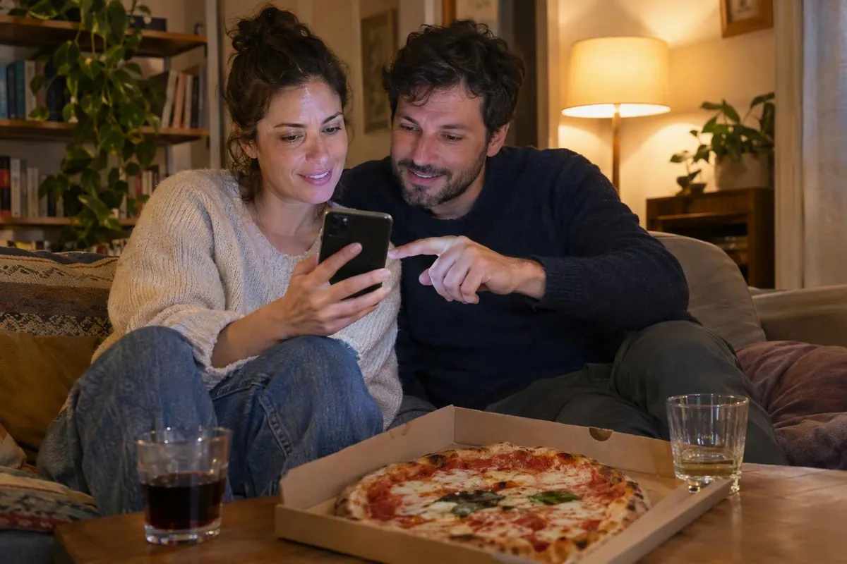 Coppia sul divano di sera: lei tiene lo smartphone, lui indica lo schermo sorridendo; sul tavolino una margherita nel cartone aperto