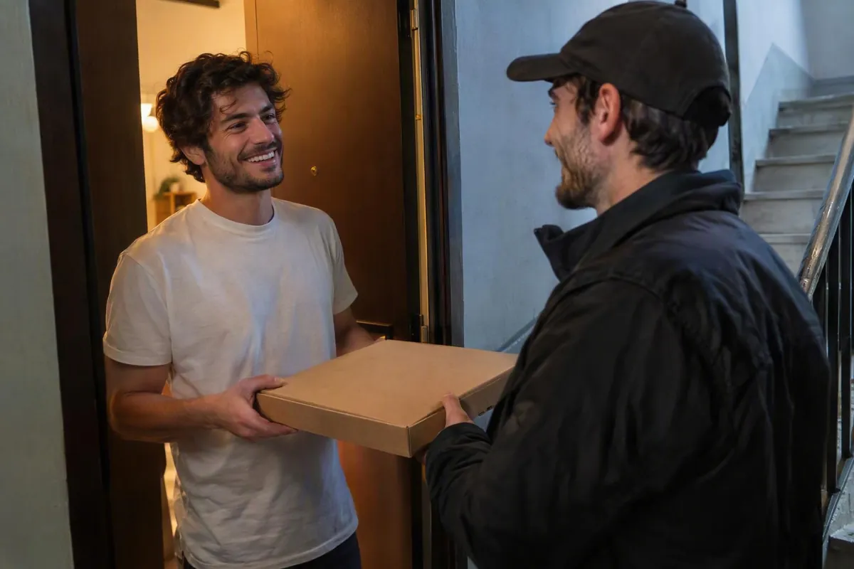 Ragazzo sorridente sulla porta di casa riceve un cartone di pizza dal rider, di sera