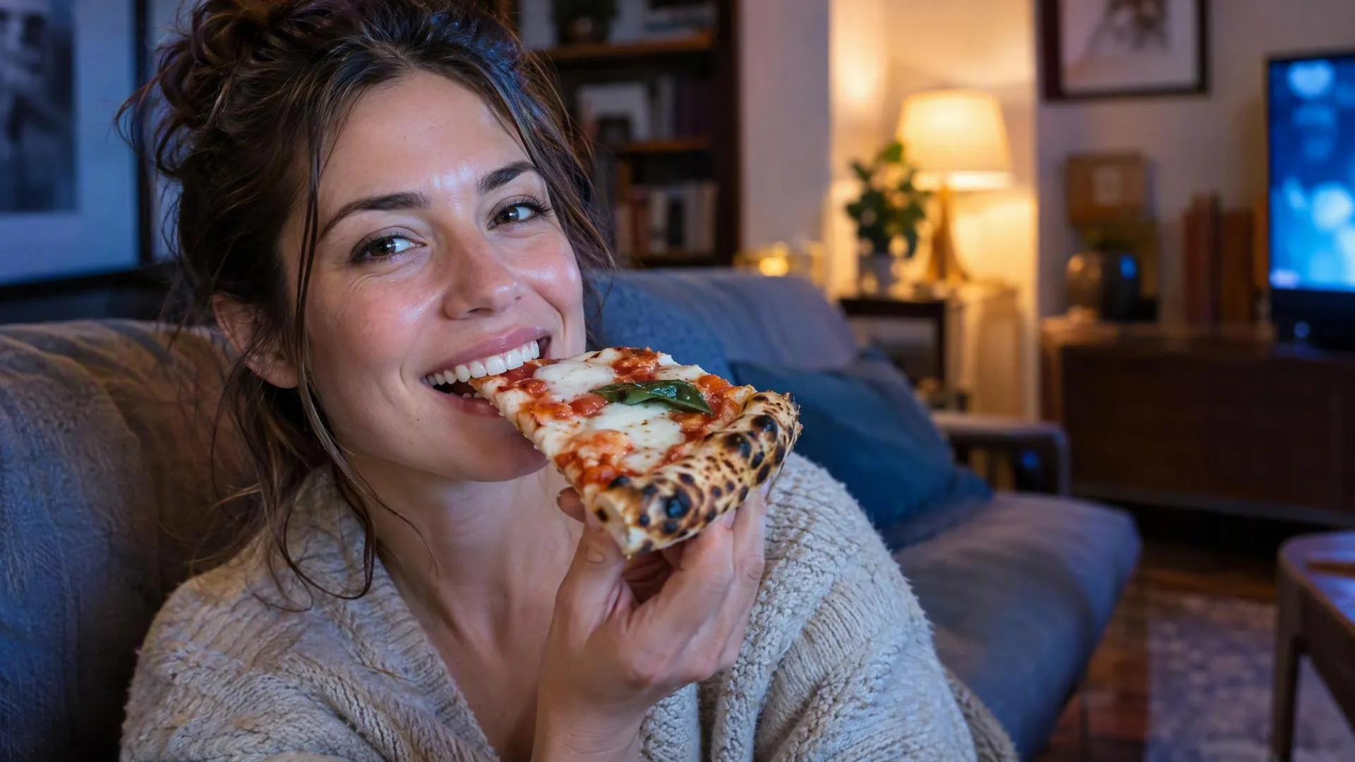 Ragazza sorridente sul divano sta per mordere una fetta di pizza, tra la luce della TV e di una lampada