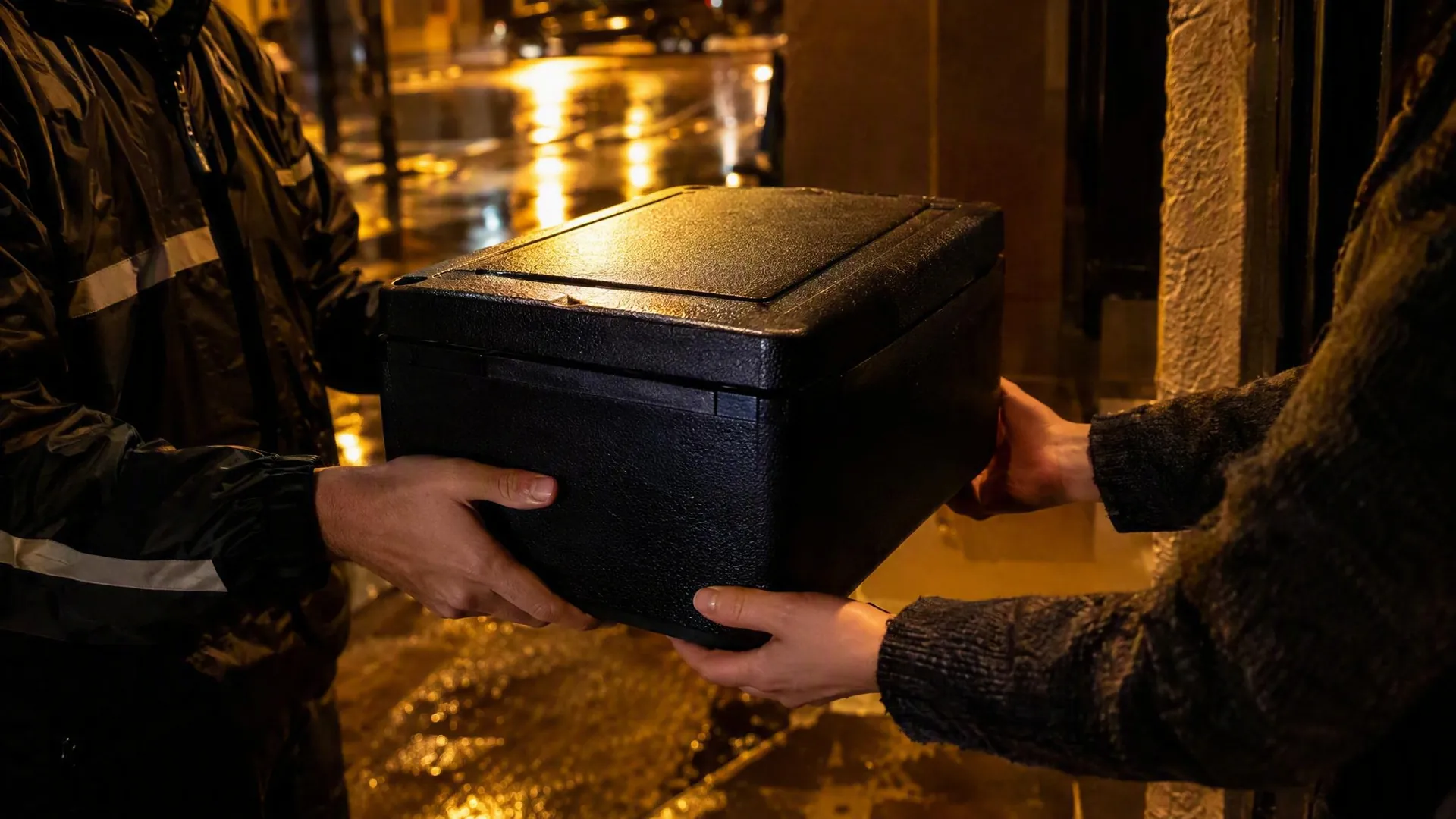 Mani di un rider consegnano un bauletto termico a un cliente sulla soglia di casa, sotto un lampione