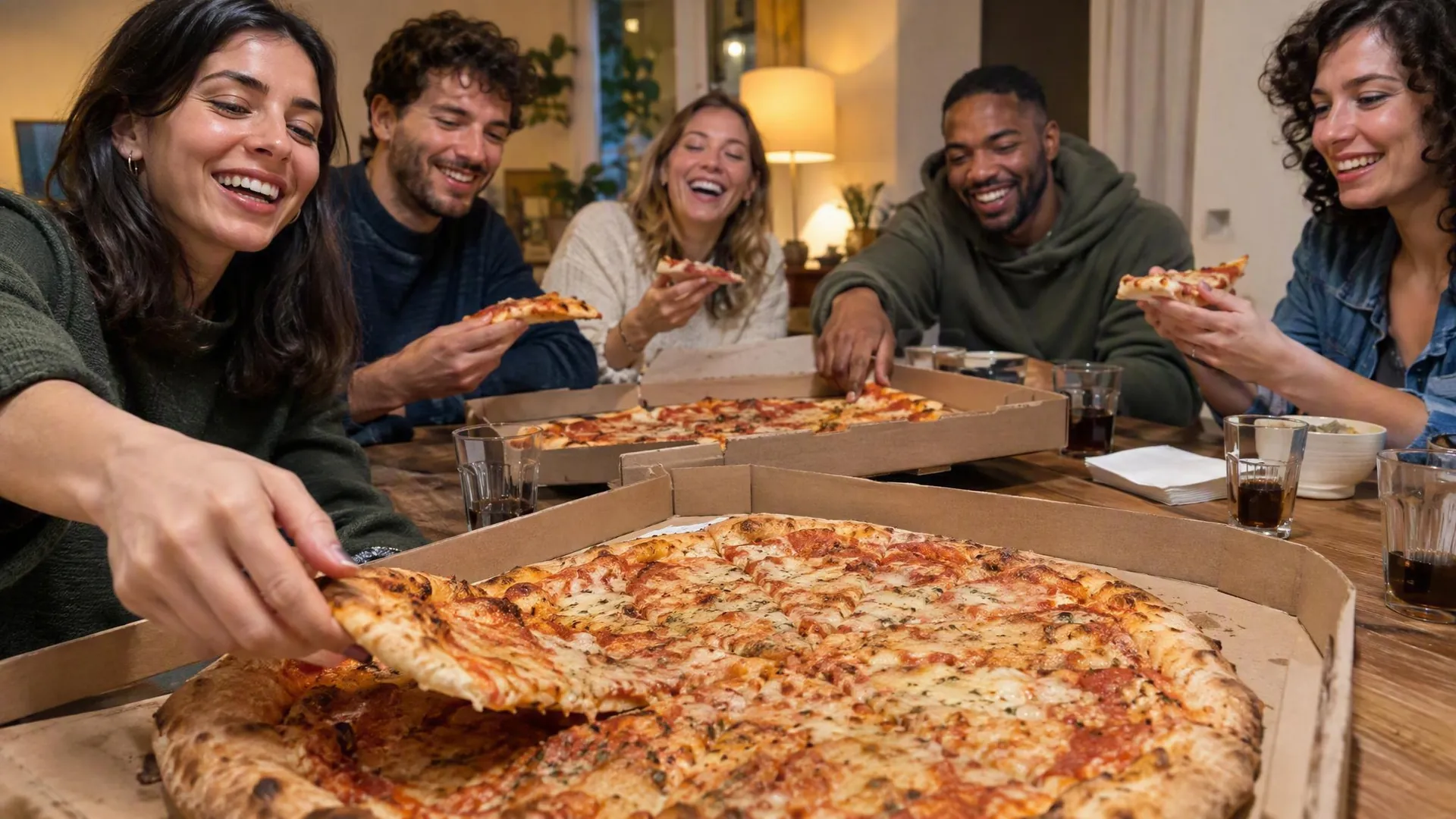 Gruppo di amici ride attorno al tavolo di casa prendendo fette di pizza dai cartoni aperti