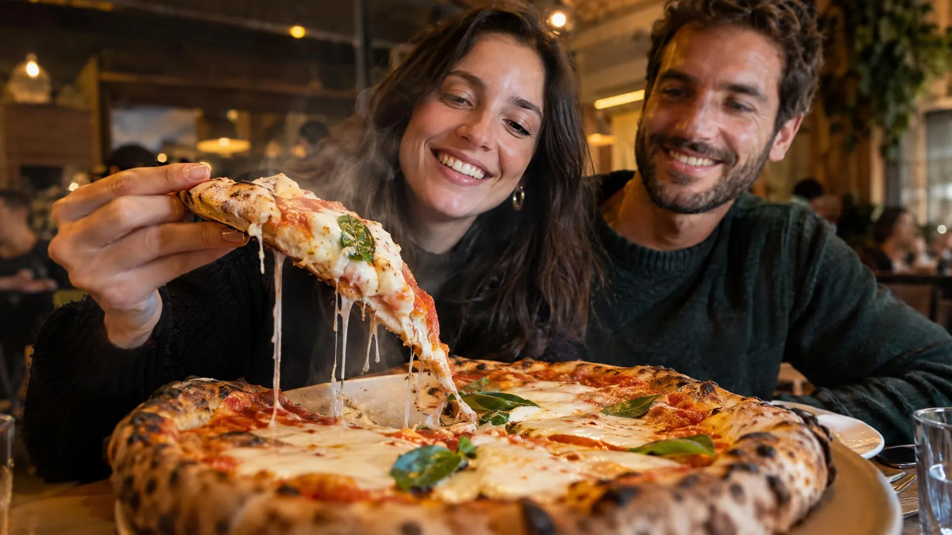 Coppia sorridente al tavolo della pizzeria, lei solleva una fetta di pizza fumante
