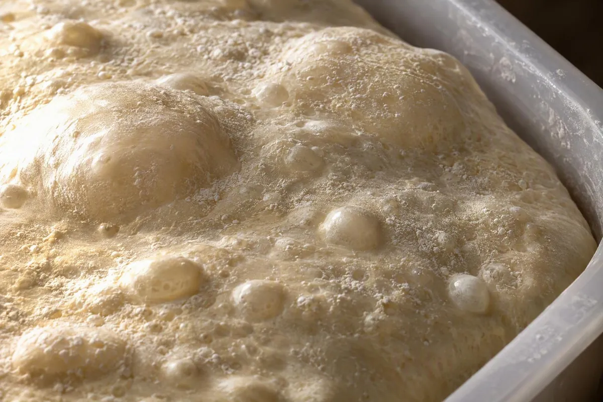 Primo piano di un impasto per pizza lievitato nel suo contenitore: superficie gonfia di bolle d'aria, con un velo di farina