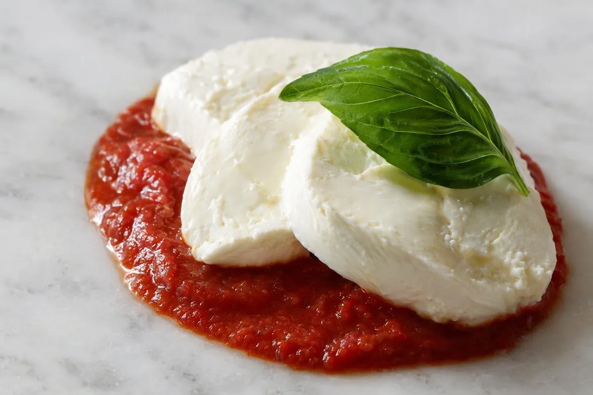 Basilico fresco e fette di mozzarella di latte di bufala su passata di pomodoro, su piano di marmo