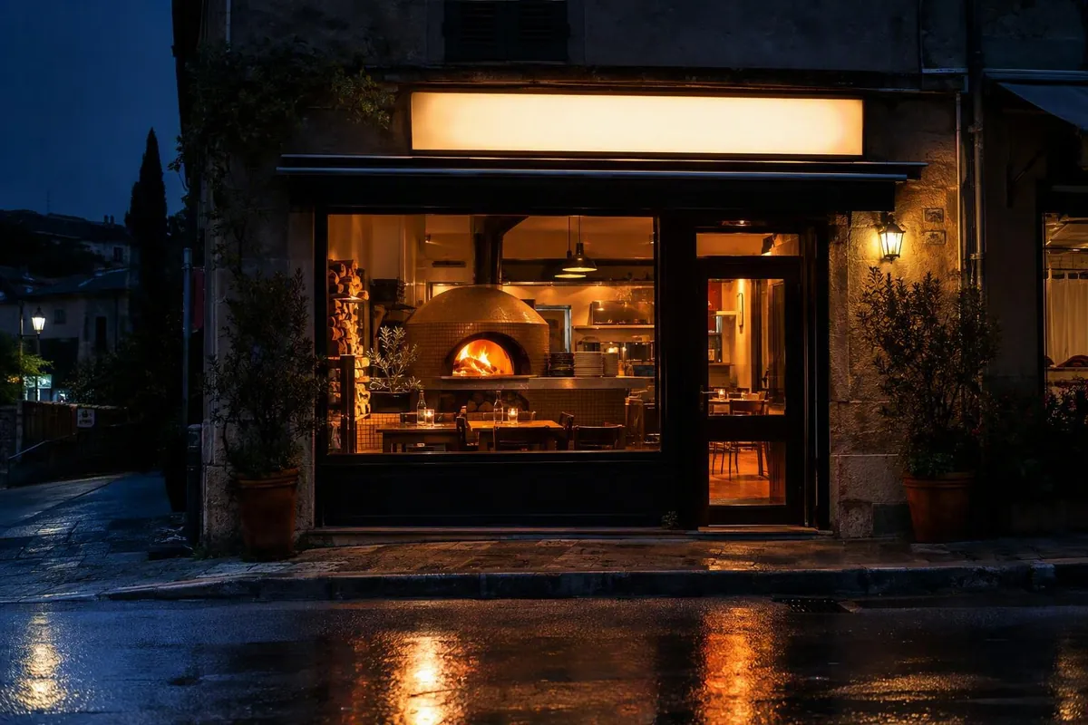 Insegna luminosa di una pizzeria di notte, con il forno a legna acceso dietro la vetrata
