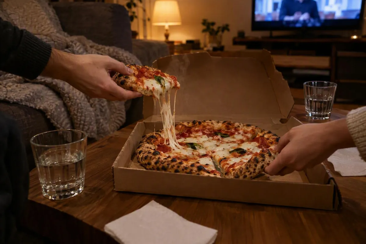 Pizza gustata a casa: cartone aperto sul tavolino del salotto e mani che prendono una fetta