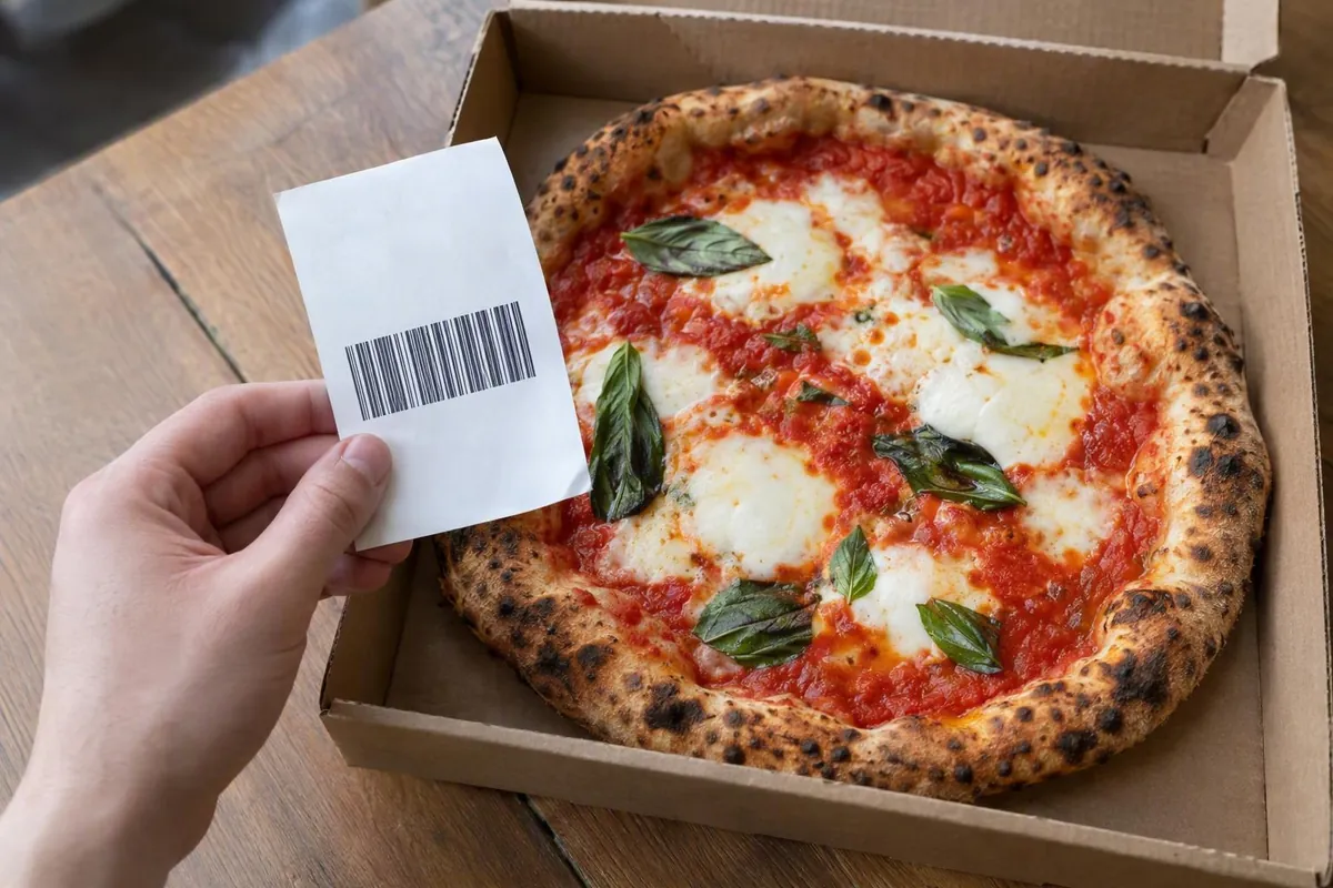 Mano che tiene uno scontrino con codice a barre sul bordo di una scatola di pizza aperta