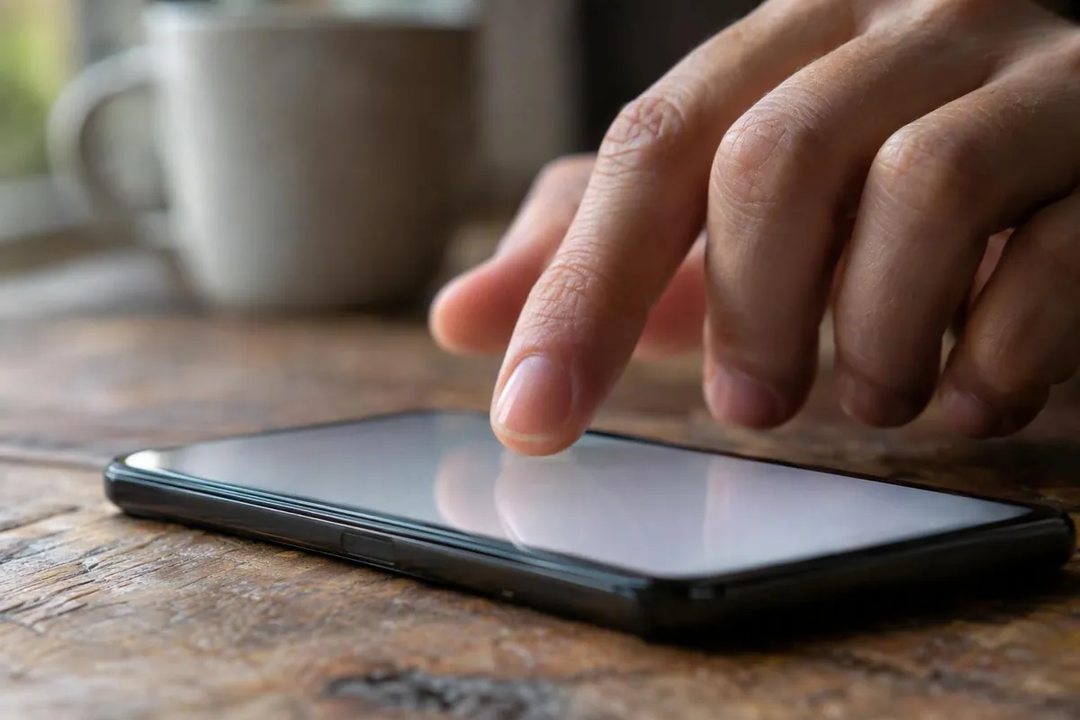 Dita che digitano un indirizzo sullo smartphone, su un tavolo di legno con una tazza in ceramica