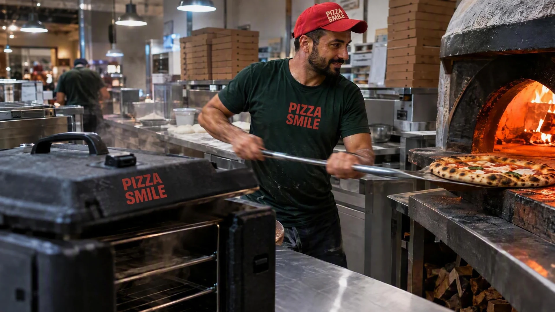Un pizzaiolo al lavoro in una cucina operativa con un bauletto in primo piano.