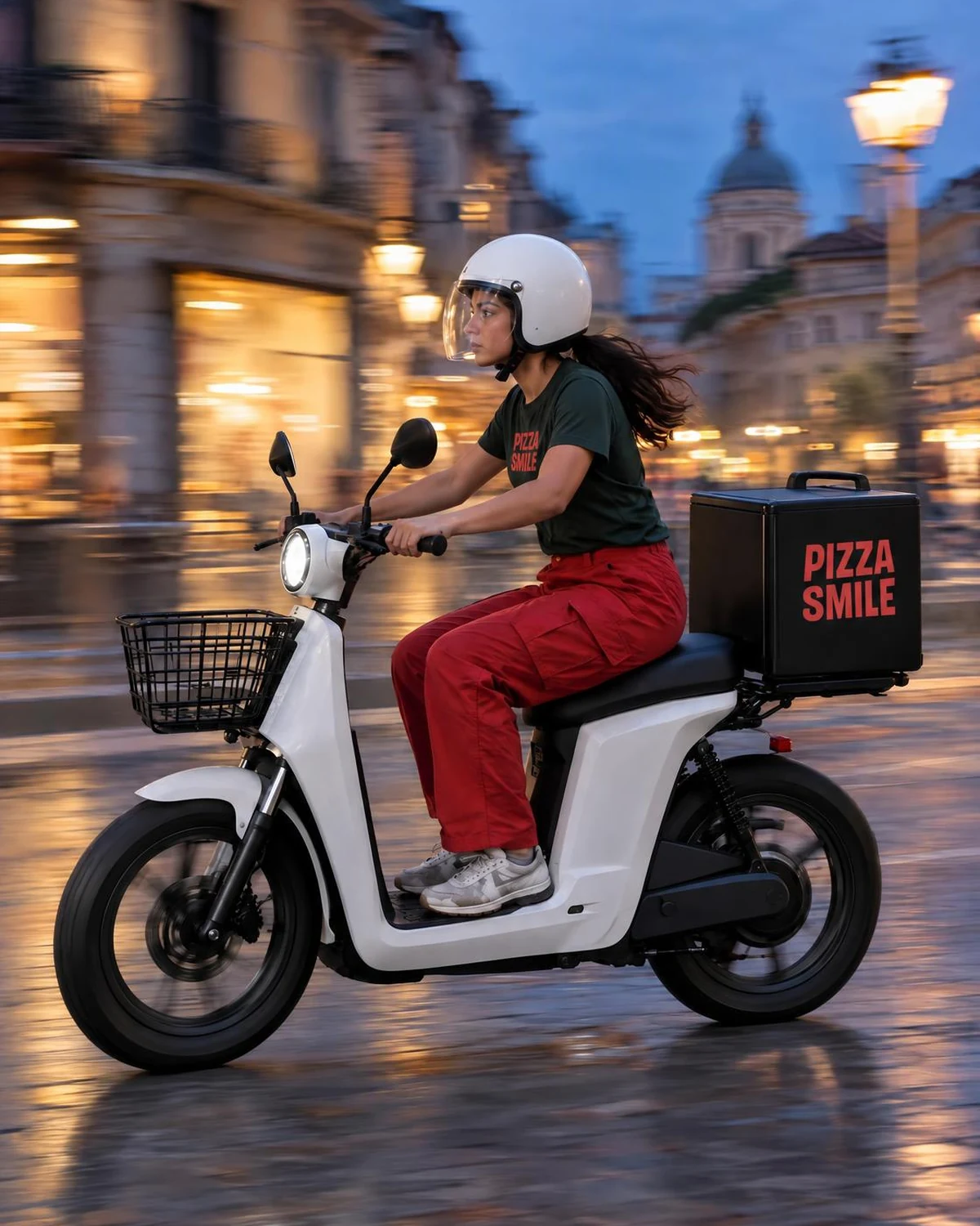Un rider in movimento su uno scooter elettrico lungo una strada cittadina all'imbrunire.