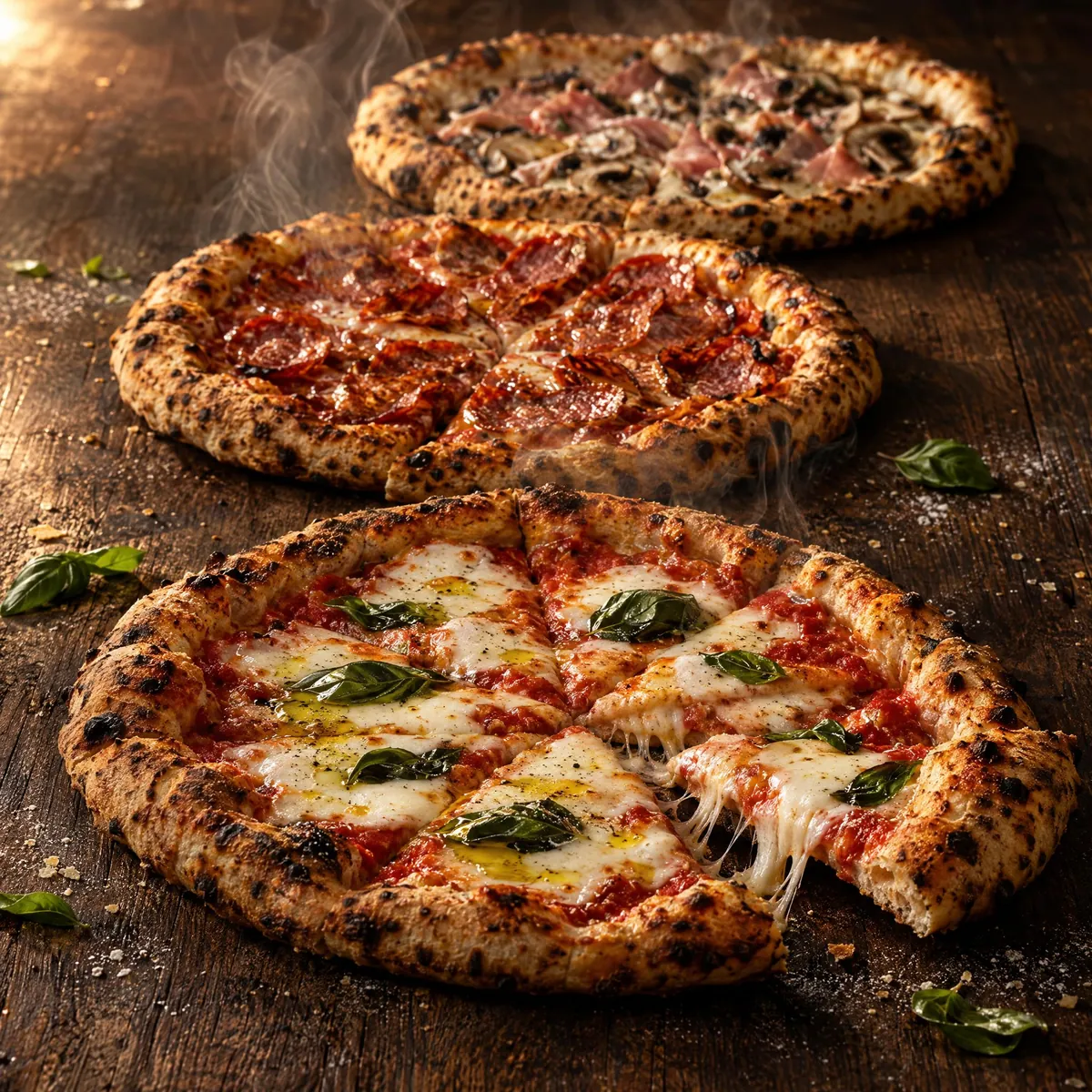 Tre pizze fumanti e invitanti appoggiate su un tavolo rustico in legno.