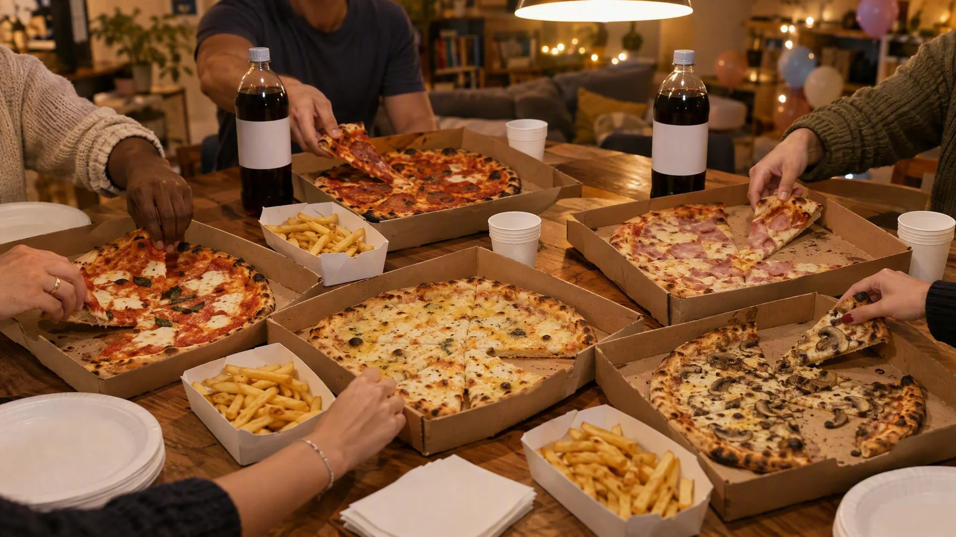 Mani di persone che condividono pizze, patatine e bibite attorno a un tavolo imbandito.