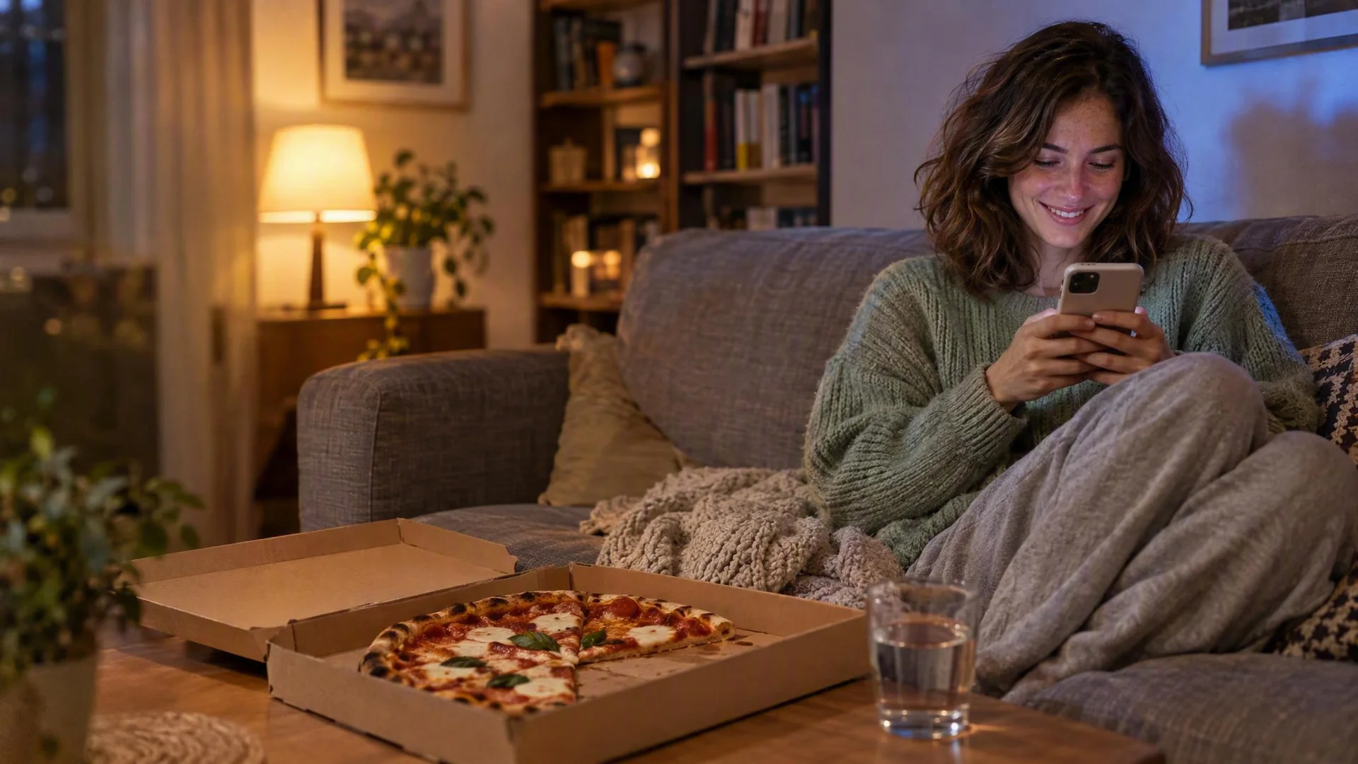 Una persona rilassata sul divano guarda lo smartphone accanto a un cartone della pizza.